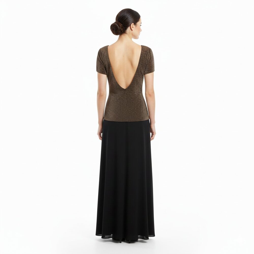 Andrea Polizzi Dress Size 10 Low Back Metallic Short Sleeve Black Maxi Evening